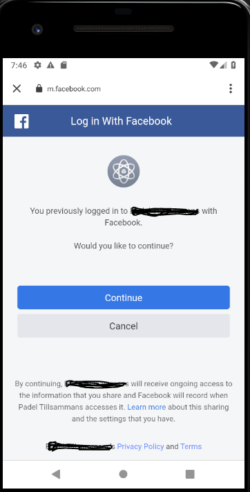 Log in with facebook shows Continue